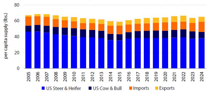 Bar chart of U.S. per capita beef supply (2005–2024) segmented by source: Steer & Heifer (blue), Cow & Bull (dark blue), Imports (orange), and Exports (yellow).