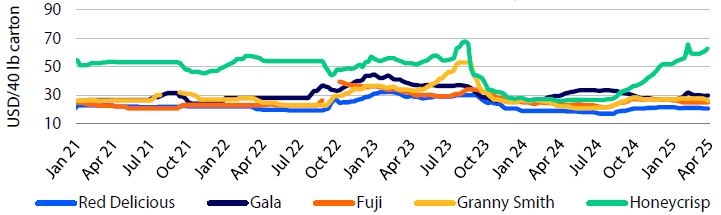 Line graph of Washington apple prices (2021–2025) by variety—Red Delicious, Gala, Fuji, Granny Smith, and Honeycrisp—in USD per 40 lb carton.