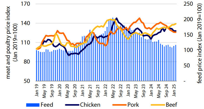 Global meat and feed price monitor, Jan 2019 - Feb 2025